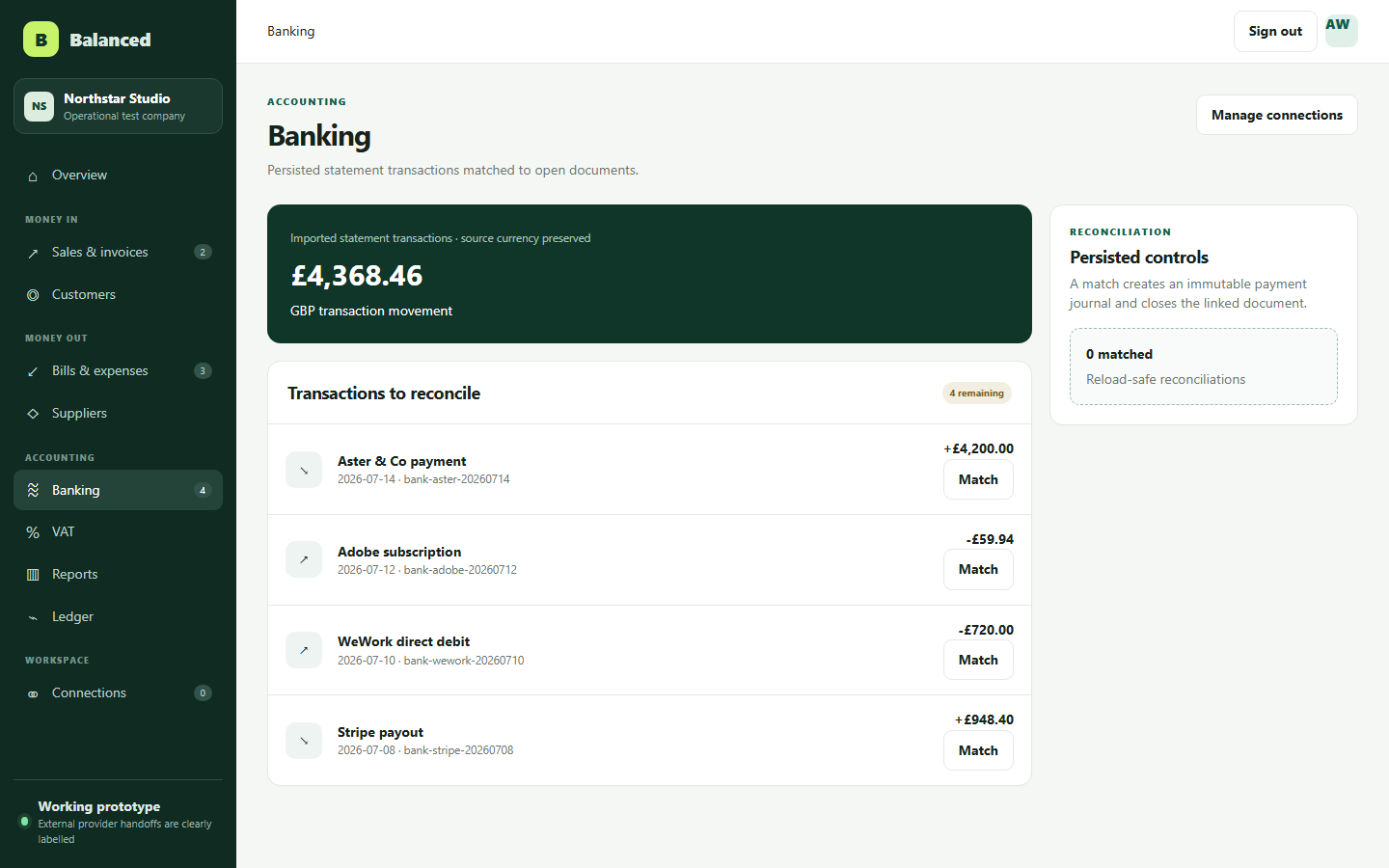 Balanced banking workspace showing transactions and reconciliation